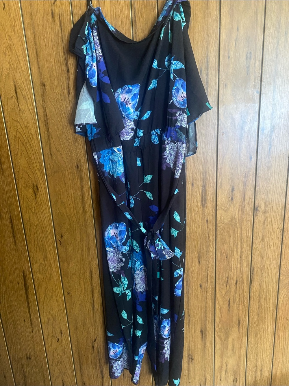 City Chic Black Jumpsuit with Blue and Teal Floral Print Off Shoulder